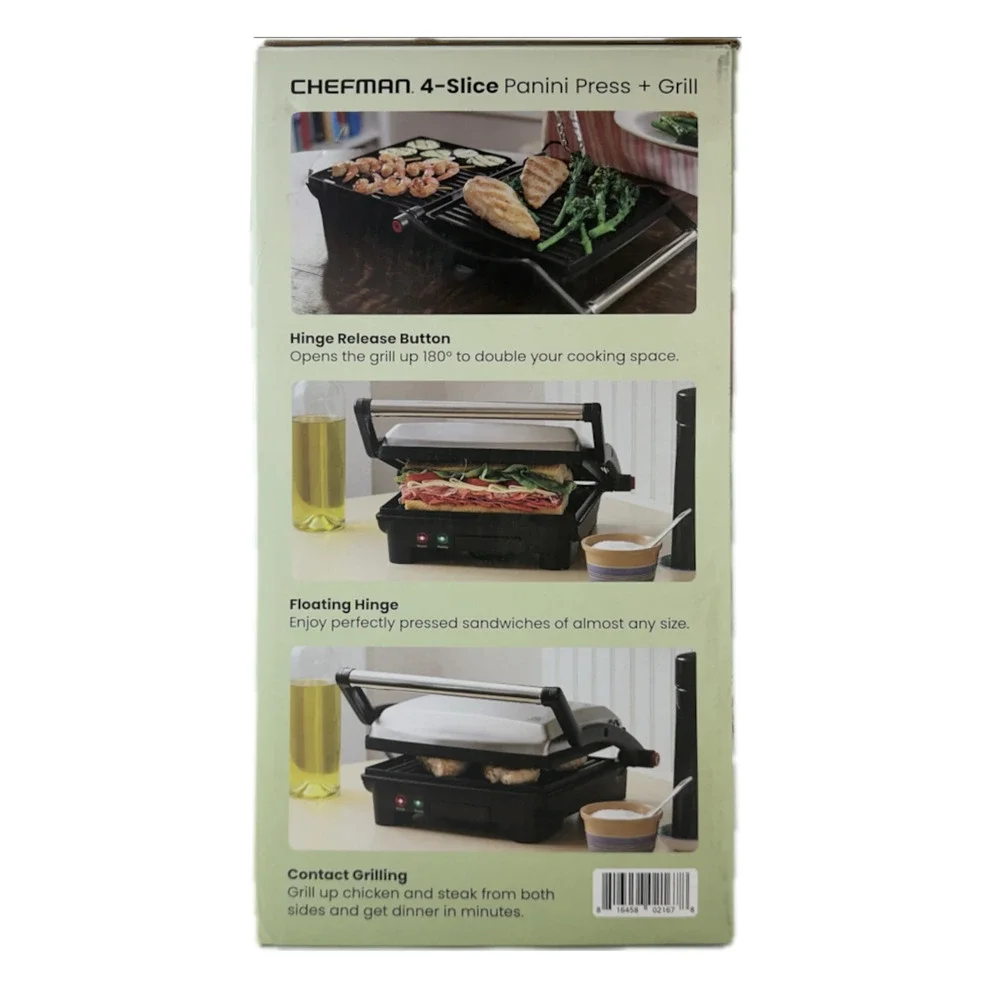 Chefman 4-Slice Panini Press Grill Gourmet Sandwich Maker 180 Deg New Open Box